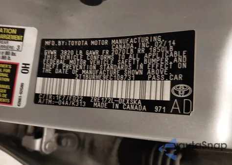 2014 Toyota Corolla S Plus из США, поврежденный, VIN 2T1BURHE9EC108731